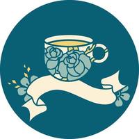 icono con pancarta de una taza y flores vector