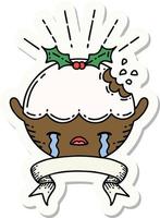 sticker of tattoo style christmas pudding character crying vector