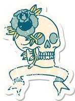 grunge sticker with banner of a skull and rose vector