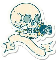 grunge sticker with banner of a skull and rose vector