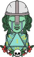 crying orc fighter character with natural one D20 roll illustration vector