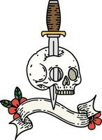 tattoo with banner of a skull and dagger vector