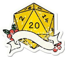 natural twenty D20 dice roll grunge sticker vector