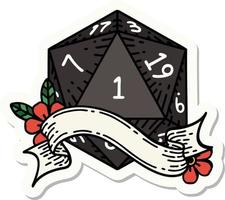 natural one d20 dice roll sticker vector