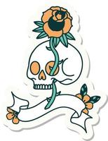 tattoo sticker with banner of a skull and rose vector