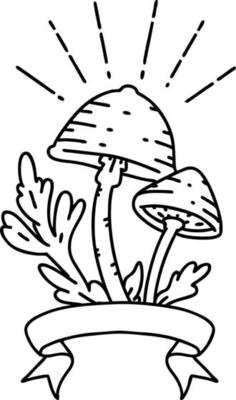 banner with black line work tattoo style mushrooms