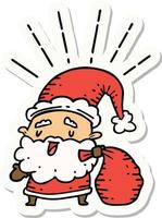 sticker of tattoo style santa claus christmas character with sack vector