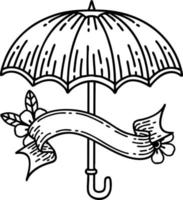 black linework tattoo with banner of an umbrella vector