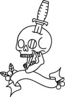 black linework tattoo with banner of a skull and dagger vector