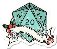 natural twenty D20 dice roll grunge sticker vector