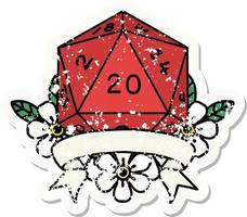 natural 20 critical hit D20 dice roll grunge sticker vector