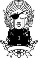 crying elf rogue character with natural one D20 roll illustration vector