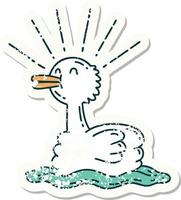 grunge sticker of tattoo style swimming duck vector