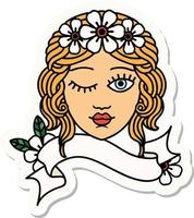 tattoo sticker with banner of a maidens face winking vector