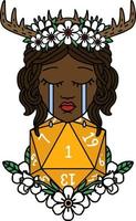 crying human druid with natural one D20 roll illustration vector