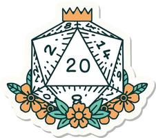 natural 20 D20 dice roll with floral elements sticker vector