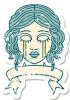 grunge sticker with banner of female face crying vector