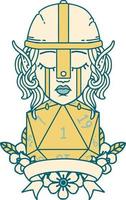 crying elf fighter character face with natural one D20 roll illustration vector