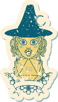 half orc witch character with natural 20 dice roll illustration