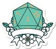 natural one d20 dice roll sticker vector