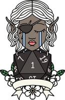 crying elf rogue character with natural one D20 roll illustration vector