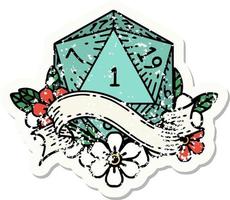 natural one d20 dice roll grunge sticker vector