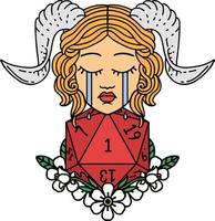 crying tiefling with natural one D20 dice roll illustration vector
