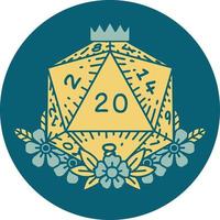 natural 20 D20 dice roll with floral elements illustration vector