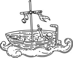 traditional black line work tattoo style empty boat with skull vector