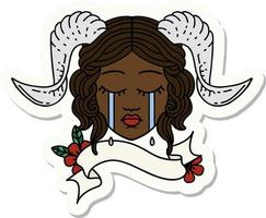 crying tiefling character face with scroll banner sticker vector