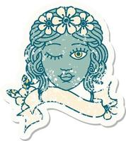 grunge sticker with banner of a maidens face winking vector