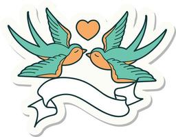 tattoo sticker with banner of a swallows and a heart vector