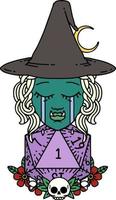 sad half orc witch character with natural one D20 roll illustration vector