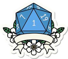 natural one d20 dice roll sticker vector