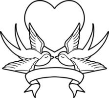 tatuaje de línea negra con pancarta de golondrinas y corazón vector