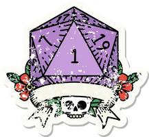 natural one d20 dice roll grunge sticker vector