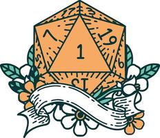 natural one d20 dice roll illustration vector