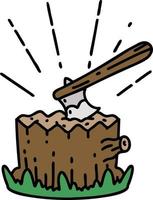 traditional tattoo style axe in tree stump vector