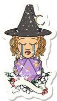 human witch with natural one D20 roll grunge sticker vector