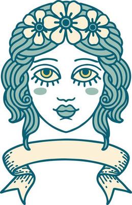 tattoo with banner of female face with crown of flowers