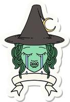 crying half orc witch character face sticker vector