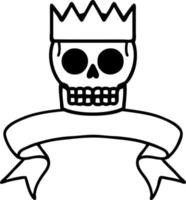 tatuaje de línea negra con pancarta de calavera y corona vector
