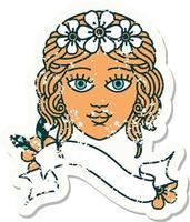 grunge sticker with banner of female face with crown of flowers vector