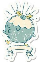 grunge sticker of tattoo style christmas pudding character walking vector