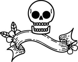 black linework tattoo with banner of a skull vector