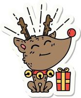 sticker of tattoo style christmas reindeer with present vector