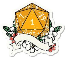 natural one d20 dice roll grunge sticker vector