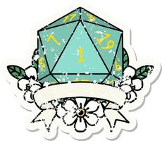 natural one d20 dice roll grunge sticker vector