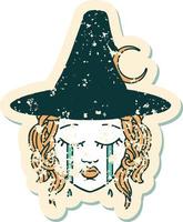 crying human witch character grunge sticker vector