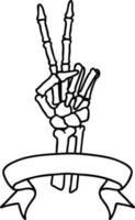 black linework tattoo with banner of a skeleton hand giving a peace sign vector